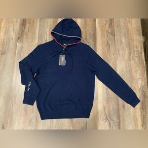 New RLX Ralph Lauren Red Band Blue 100% Cashmere Pullover Hoodie Men's Sz S